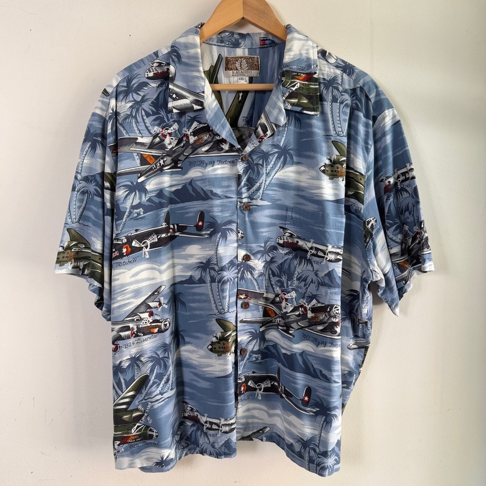 Kalaheo Hawaiian Shirt WWII Warbirds Airplane Tropical Blue XXL Made Hawaii USA